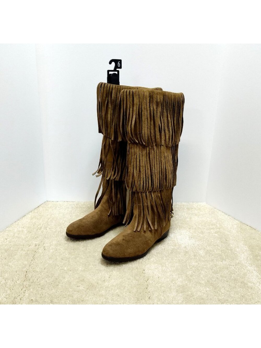 No Boundaries Tiered Fringe Tall Boots Faux Suede Flat Heel Fabric Upper WMNS 6